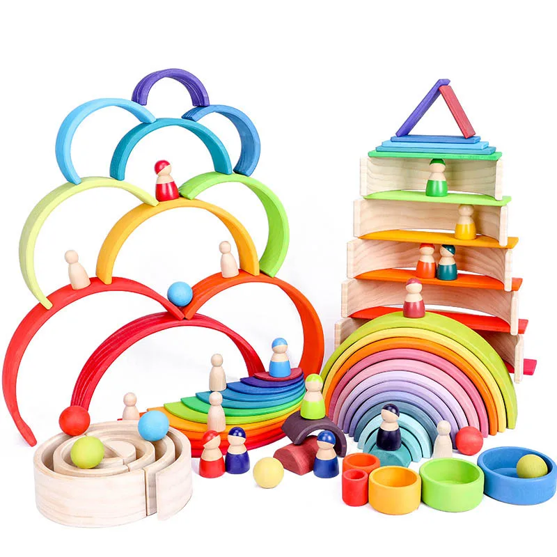 

German Large Wooden Rainbow Building Block Beech Wood Basswood 12-color Arch Bridge-shaped Semicircle Building Toy Wood Toys Diy