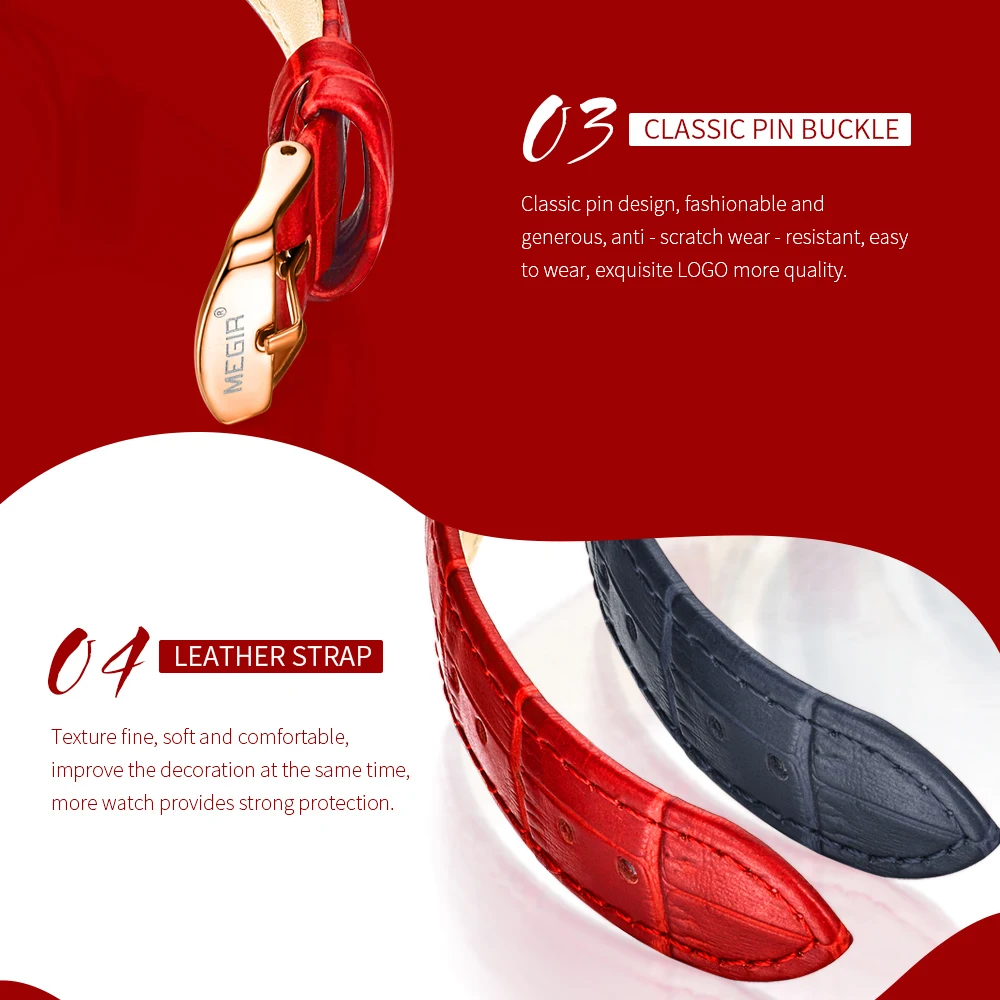 MEGIR Elegant Dress Women Watches Top Brand Luxury Quartz Ladies Watch Crystal Simple Dial Red Leather Strap Clock Waterproof | Наручные