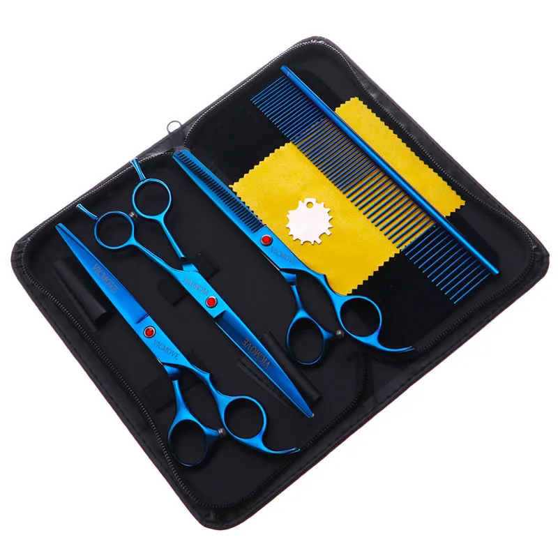 Juego de tijeras de aseo profesional para mascotas, Kit curvo para perros, gatos y animales, estilo azul, 4 unids/set-0