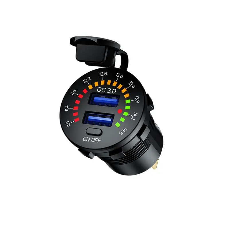 

85DD 12V 24V Quick Charge 3.0 Dual USB Car Charger Waterproof 18W USB Outlet Fast Charge with LED Voltmeter ON OFF Switch