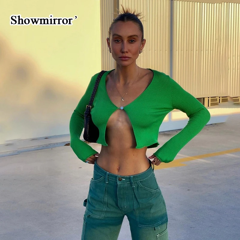 

Showmirror Fashion Solid Color Knitted T-Shirts Cardigan One Button Design Casual Style For Women Commuting Street Wear