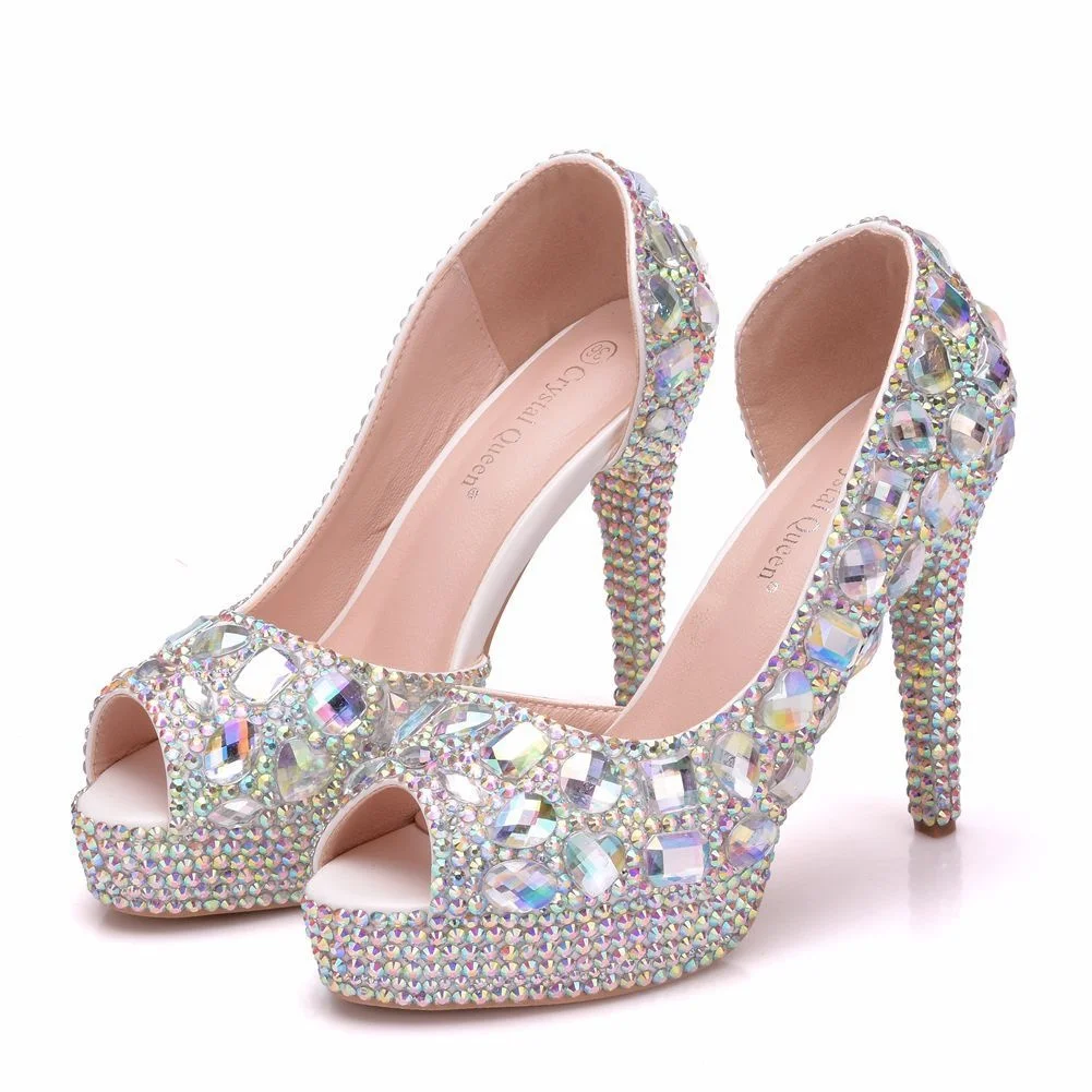 

White color diamond wedding shoes thin heel fish mouth waterproof platform shoes high heel stage shoes female wedding party