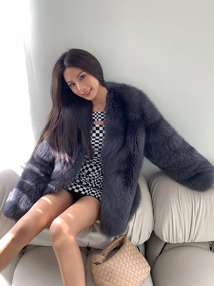 Mid-length Women Real Fox Fur Coat V-neck Dark Grey Natural Whole Skin Genuine Fox Fur Jacket Thick Warm Fur Overcoats Luxury