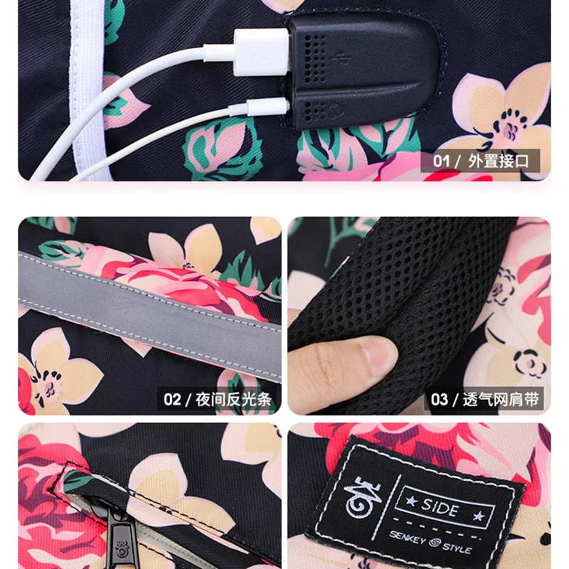 

Scione Printed Backpack Female 14-inch laptop Backpack Korean Version Usb Charging School bag Leisure Travel Girl Backpack