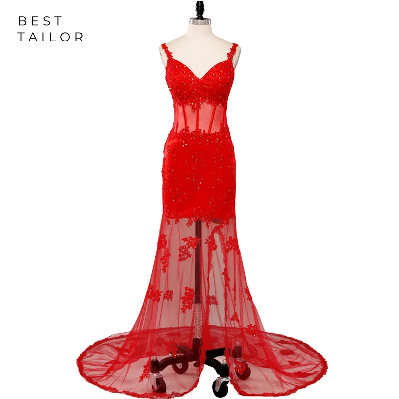 

Red Prom Dresses 2021 Spaghetti Straps Transparent Sexy See Through Waist Evening Party Gowns Applique vestido de fiesta largo