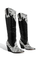 western knight boots womens pointed toe hoof heels cowboy booties leather black zebra comfortable ladies shoes fall winter