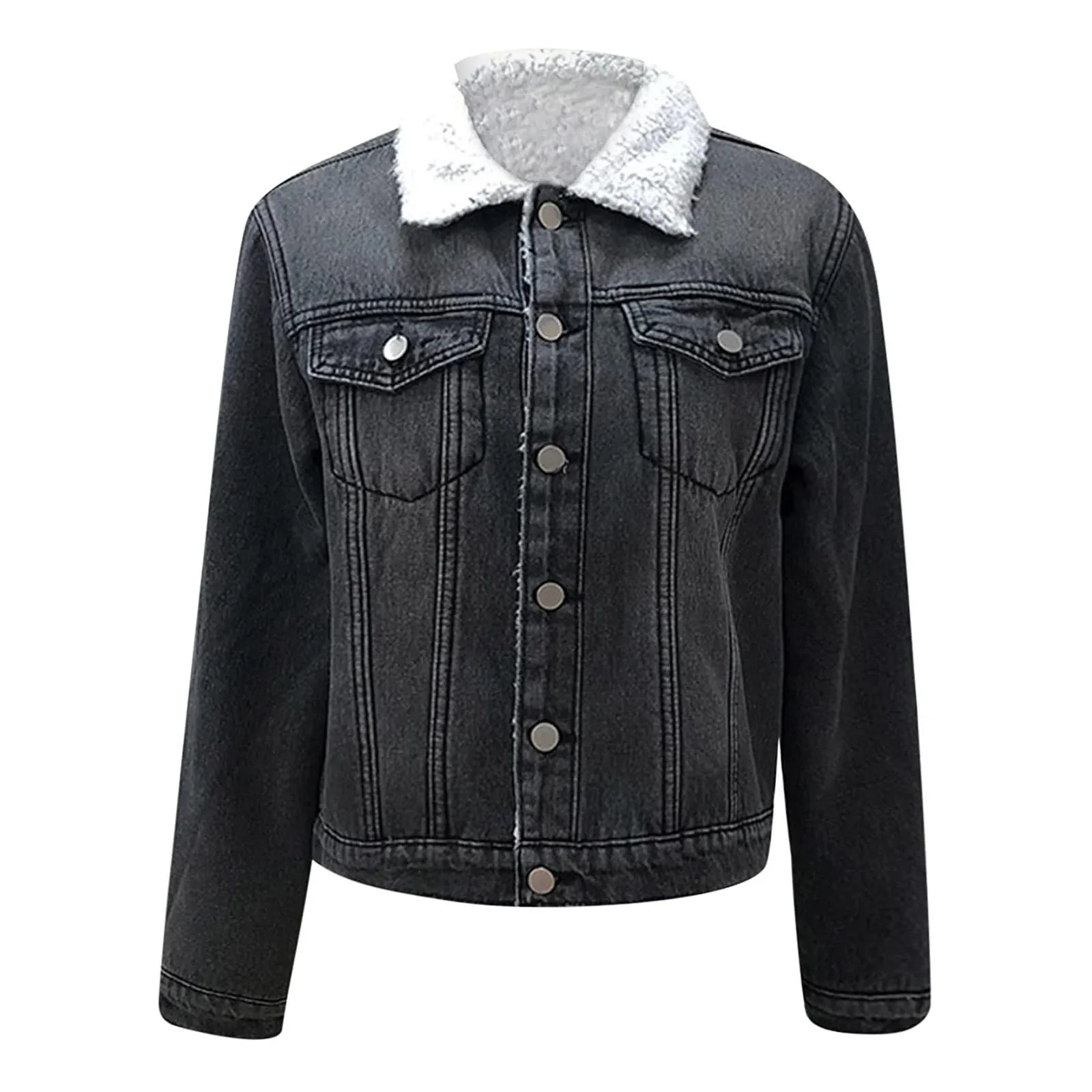 Куртка женская джинсовая с карманами теплая верхняя одежда из овечьей шерсти