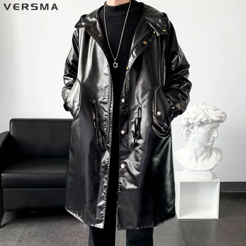 VERSMA Korean Classic Black Long Pu Leather Trench Coat Large Size Men Women Autumn Shiny Oversize Youth Jacket Men Dropshipping
