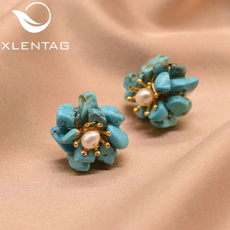Серьги гвоздики XlentAg ручной работы из натурального небесно голубого камня с