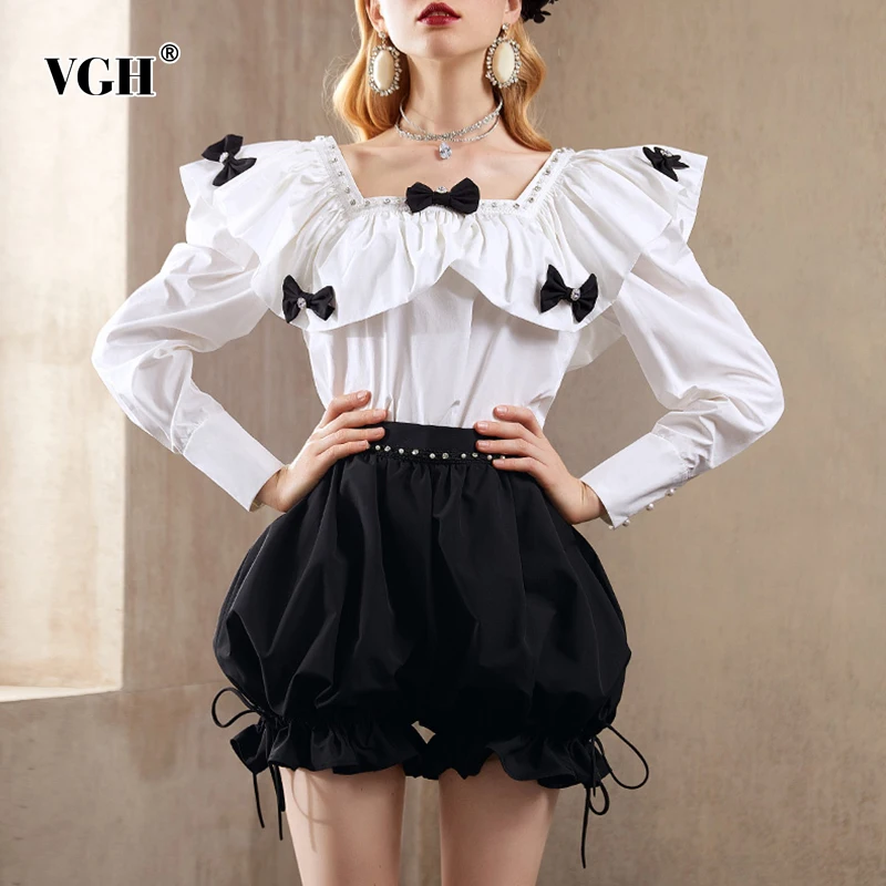 

Женская Лоскутная рубашка VGH с бантом, с воротником «Питер Пэн» и длинным рукавом, Корейская облегающая модная женская блузка, осенняя одежд...