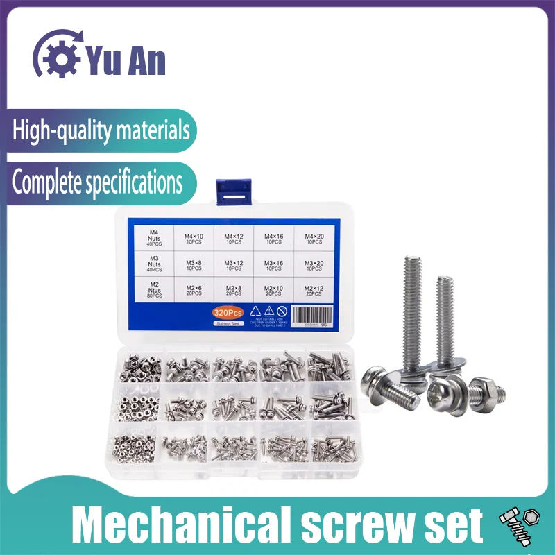 

M2 M3 M4 Screws Phillips Pan Head Screws Bolt and Nut Flat Washers Machine Screws Set Stainless Steel Screws 320pcs