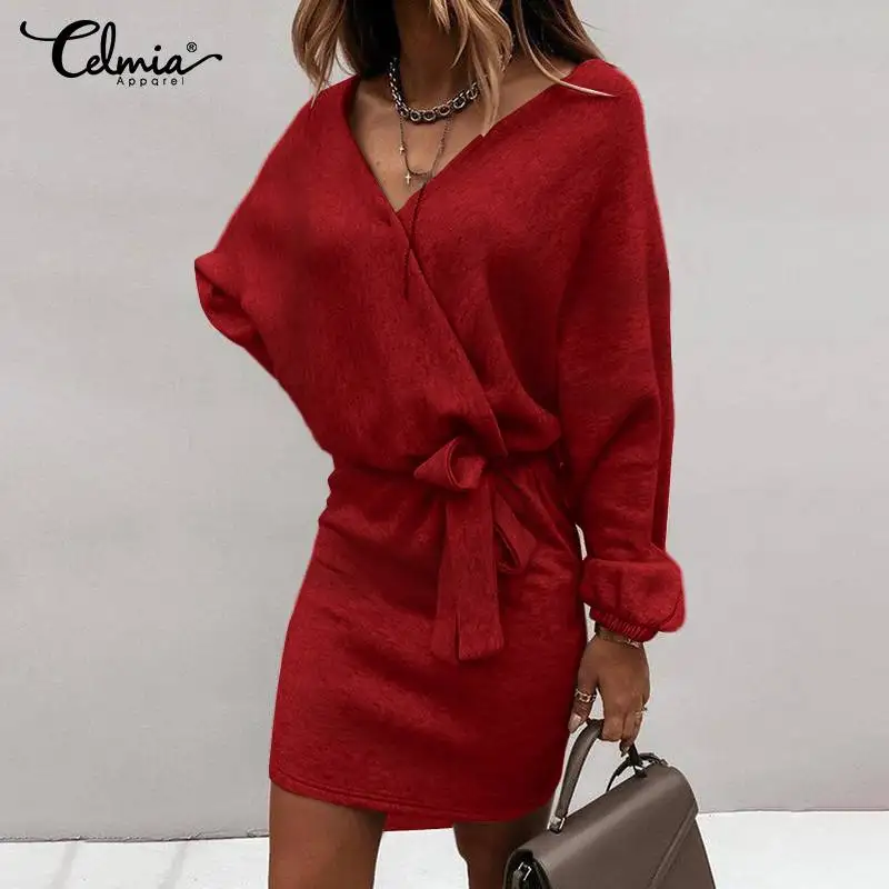 

Осень 2021, мини-платье с длинными рукавами-фонариками, женское пикантное Бандажное платье, элегантное однотонное Бандажное платье с поясом, ...