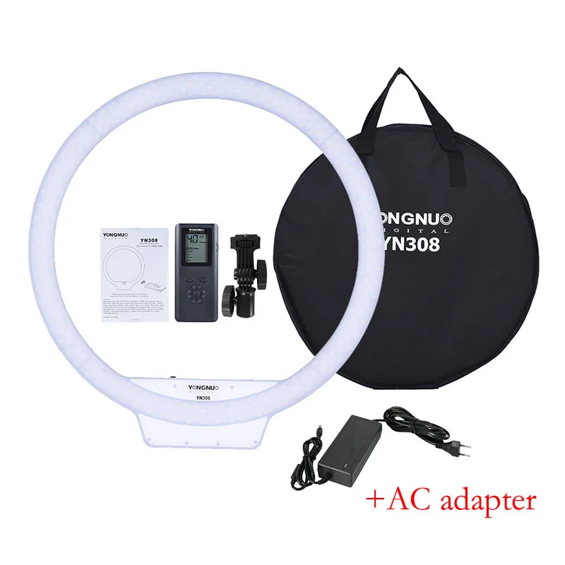 YN308 AC adapter Yongnuo YN308 селфи кольцевой светильник 5500K цветовой температуры светодиодный видео светильник беспроводной пульт CRI95 круговой+ источник питания - Цвет: YN308 AC adapter
