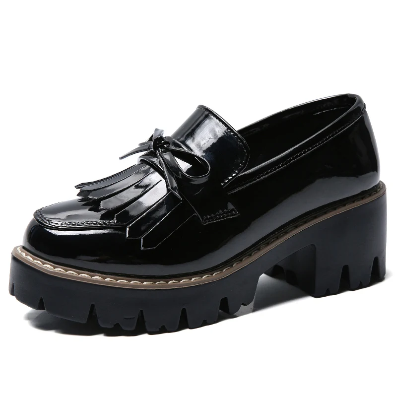 O16U Women Autumn Shoes Patent Leather Slip on Tassel Loafers Platform Flat Casual Shoes Women Flats Spring Shoes for Ladies