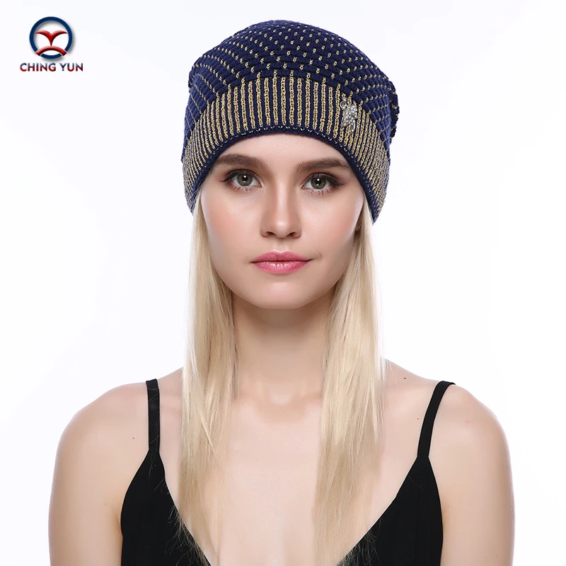Новинка зимние женские вязаные шапки CHING YUN теплые однотонные плотные со стразами