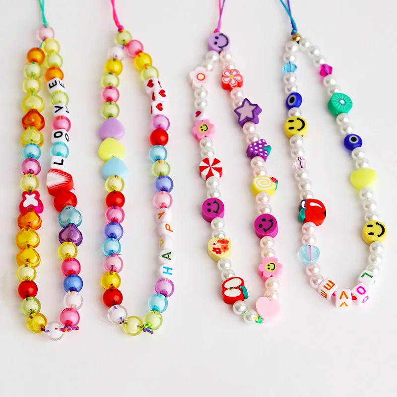 

MIIQNUS Ins Trendy Colorful Smiling Beads Chain Mobile Phone Chain Anti-lost Handmade Acrylic Cord Lanyard for Women Girls