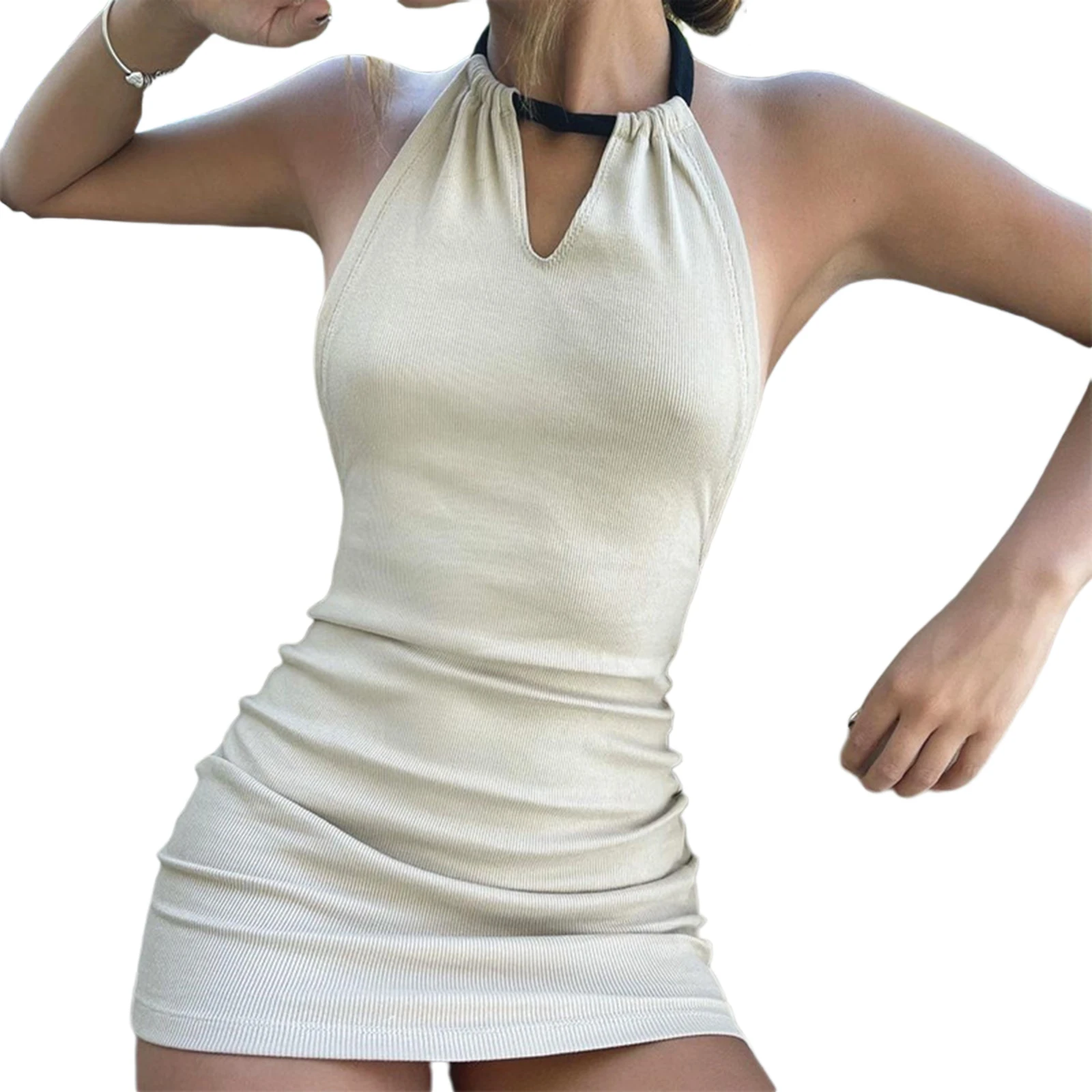 

2021 Women Sexy Halter Dress Adults Sleeveless Solid Color High Waist Tie Up One-piece