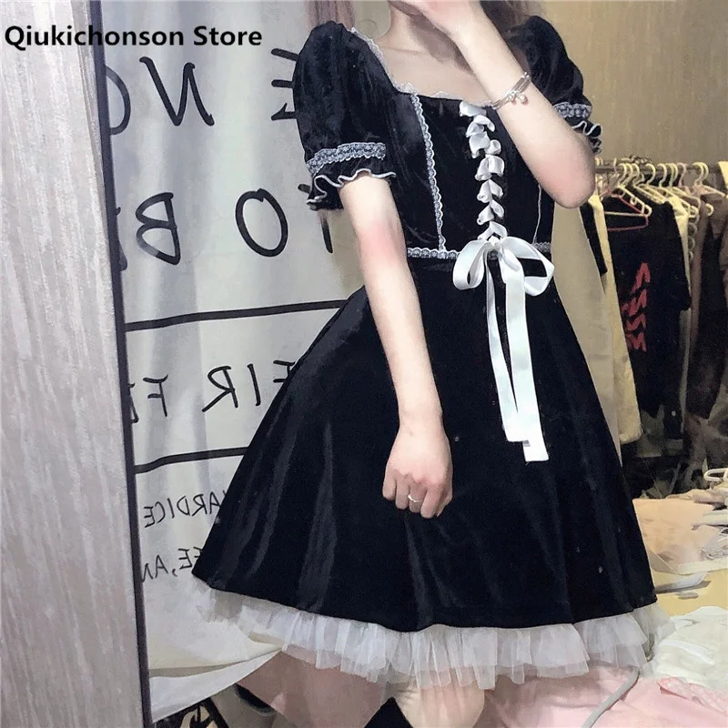 

Summer Women Mini Dress Japanese Kawaii Square Neck Chest Lace-Up High Waist Puff Sleeve Mesh Spliced Ruffle Gothic Lolita Dress