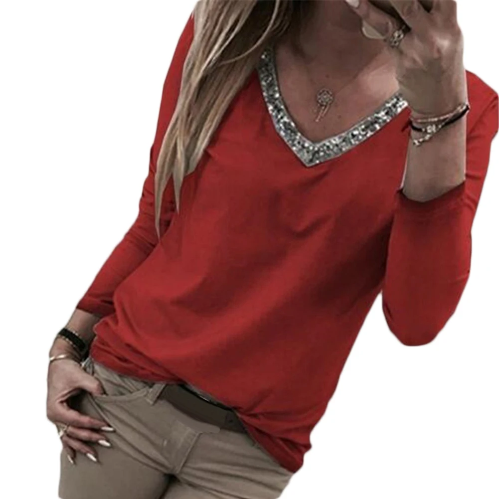 Осенняя Сексуальная Женская Повседневная блуза с v образным вырезом и блестками