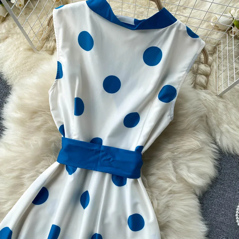 

Merchall Summer Fashion Runway Elegant Holiday Dress Women Bow Sashes Sleeveless Polka Dot Floral Print Vintage Maxi Robe M53110