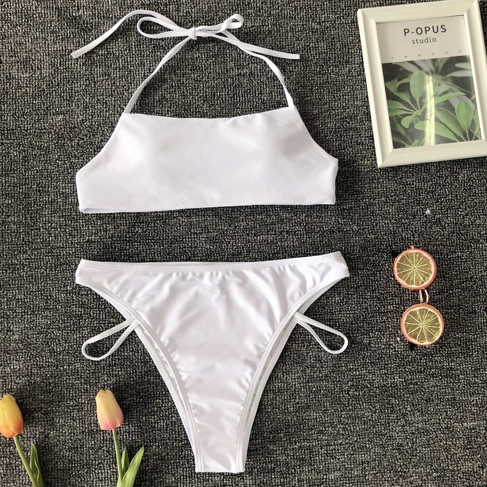Купальник с высокой талией новый белый бандажный комплект бикини женский