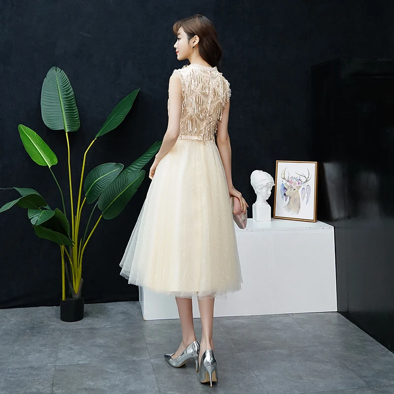 Очаровательное выпускное платье без рукавов с круглым вырезом и бисером 2021