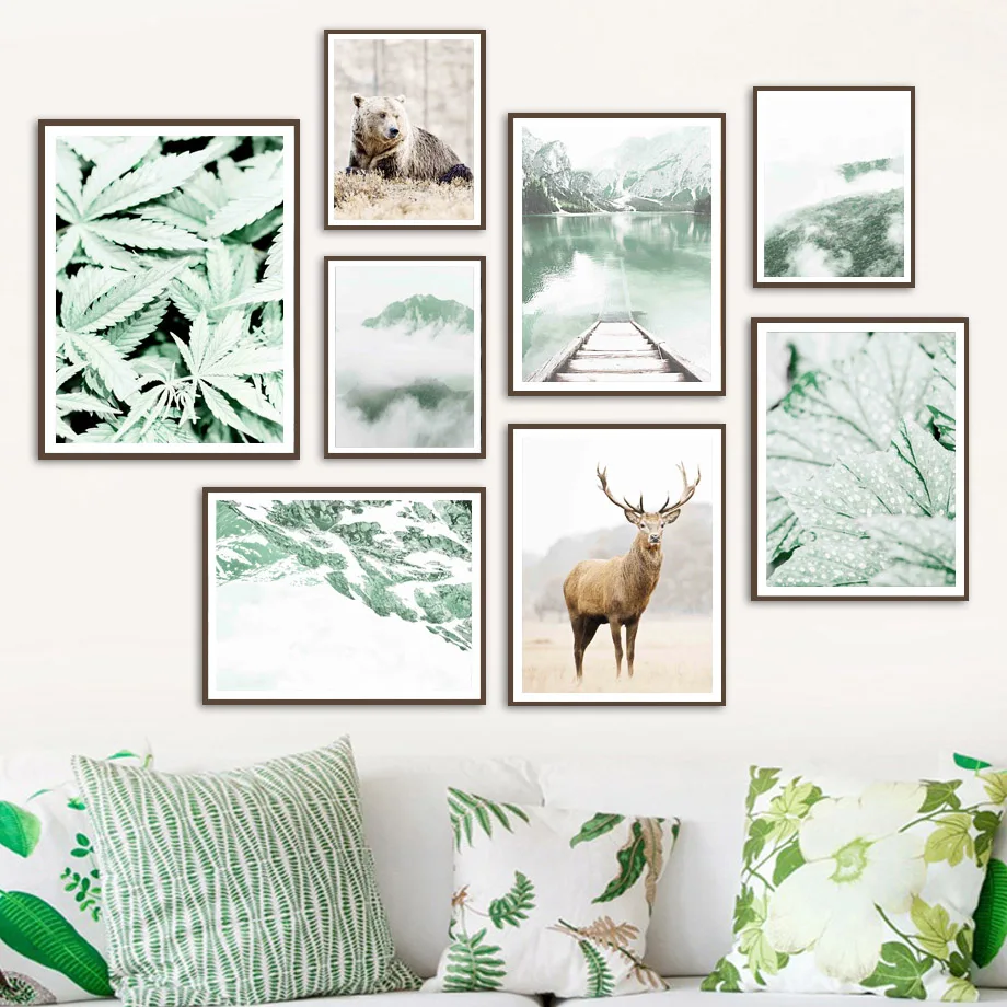 

Bear Deer Lake Mountain Boat Green Plant Wall Art Canvas Painting Nordic Posters And Prints Wall Pictures For Living Room Decor
