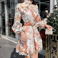 vintage hollow out lace floral embroidery dress spring autumn women stand collar lantern sleeve high waist sashes short dresses
