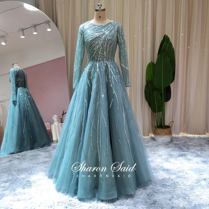 Мусульманское вечернее платье с длинным рукавом роскошное синее средней длины