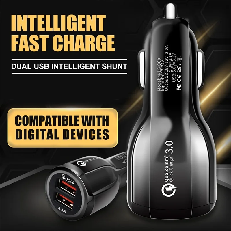 Car Charger Quick Charge 3.0 QC Fast Charging Adapter Dual USB Car-Charger For iphone Micro Type C Cable Phone Chargers | Мобильные