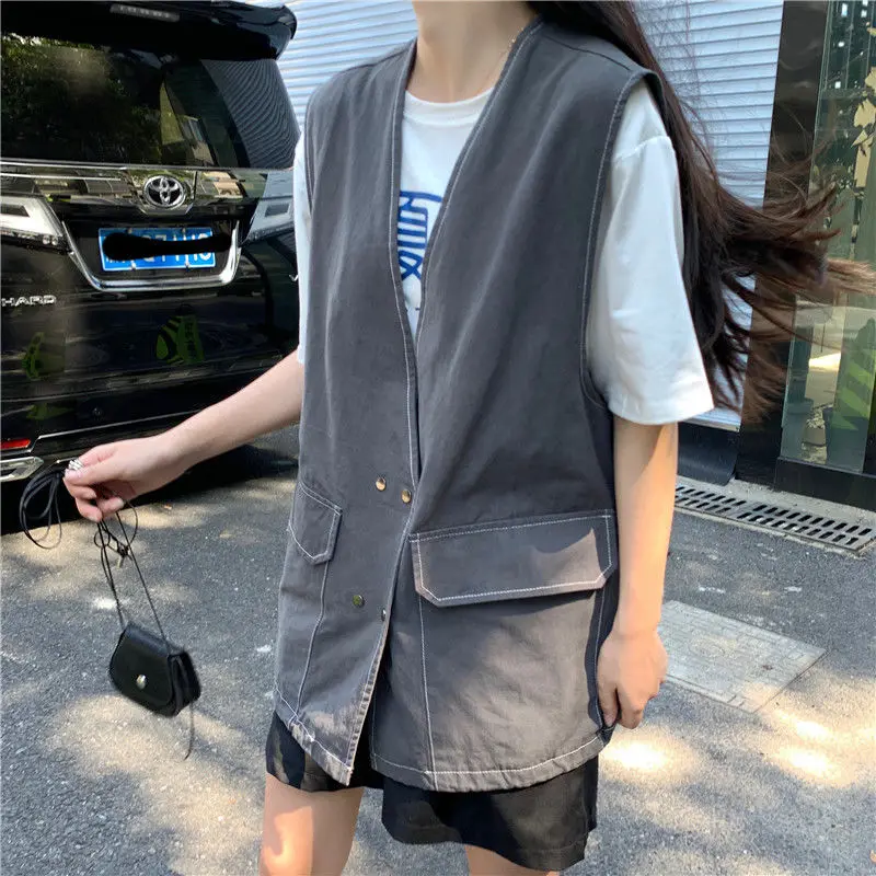 

Cargo Vests Women Solid Harajuku Basic Casual Unisex Streetwear Loose Womens Teens Fashion Bf Ins Chic Outwear Vest Studens New