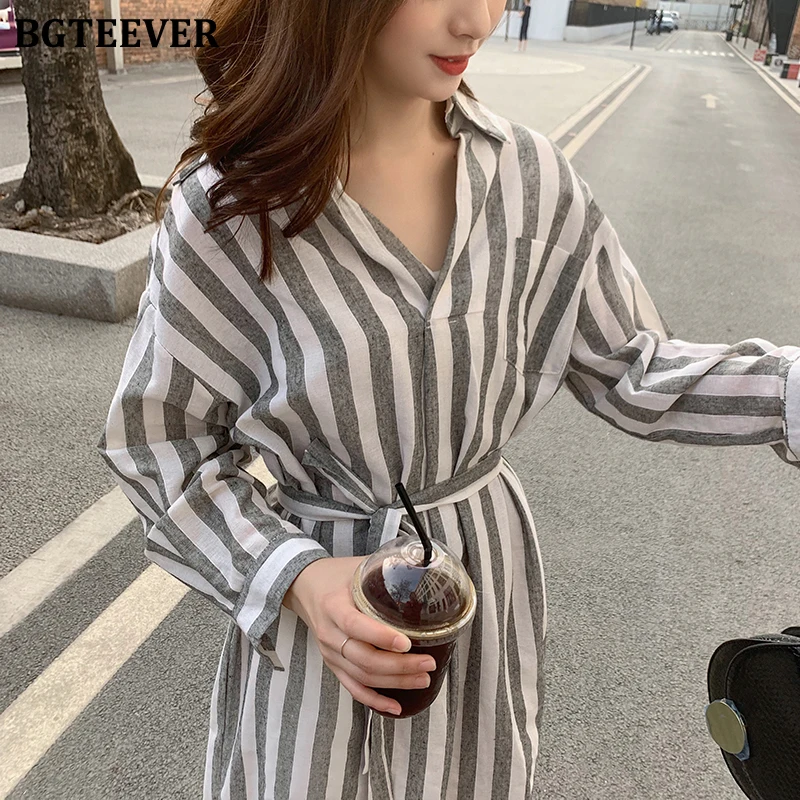 Повседневное женское платье рубашка BGTEEVER однобортное в полоску с карманами и