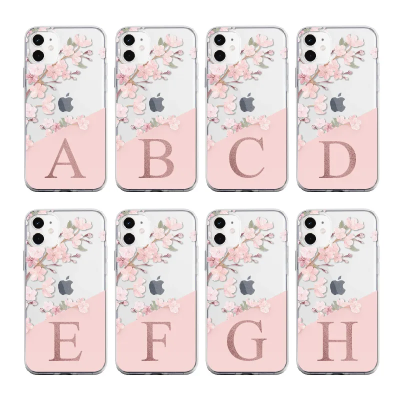 

Custom Cherry Blossom Flower A to Z Initial Alphabet Soft TPU Phone Case Cover For iPhone XS X XR 11 12 13Pro Max 8Plus X 7Plus