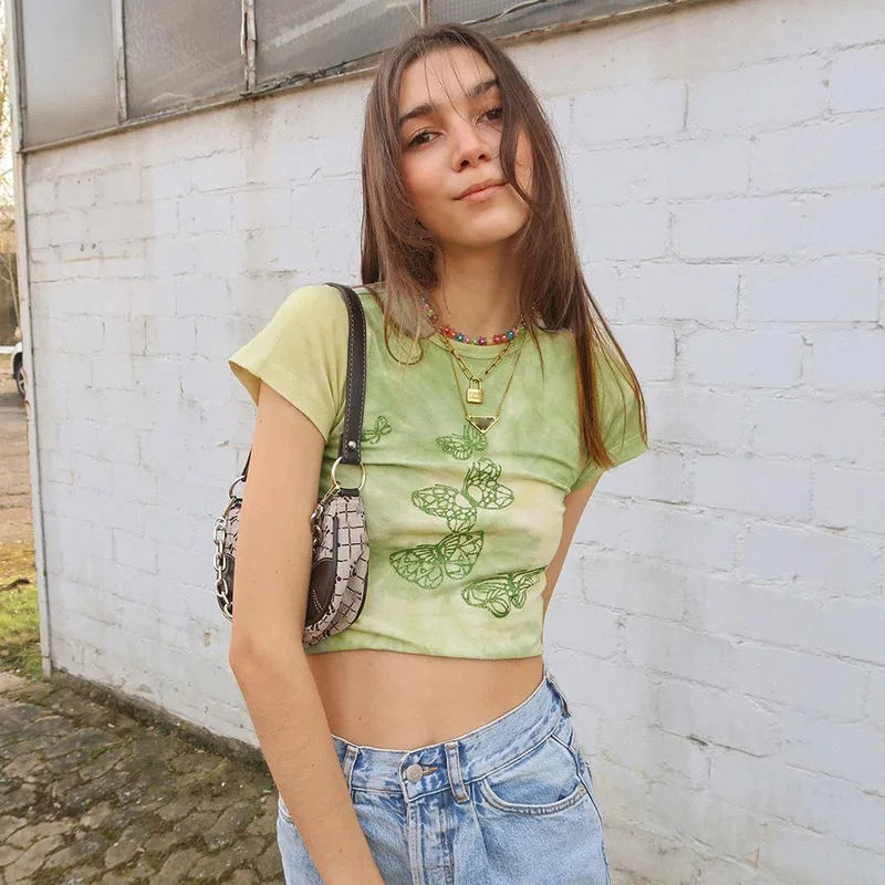

Women Casual O Neck Butterfly Print Skinny Short Sleeve Crop Top T Shirt Blouse Harajuku High Street Clubwear Chic Y2K