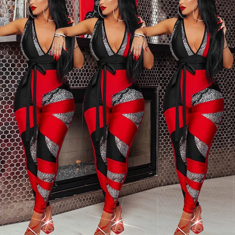 

2021 New Fashion Jumpsuits for Women Printed Sleeveless Plunge V-neck Belt Bodycon Jumpsuit one piece outfit