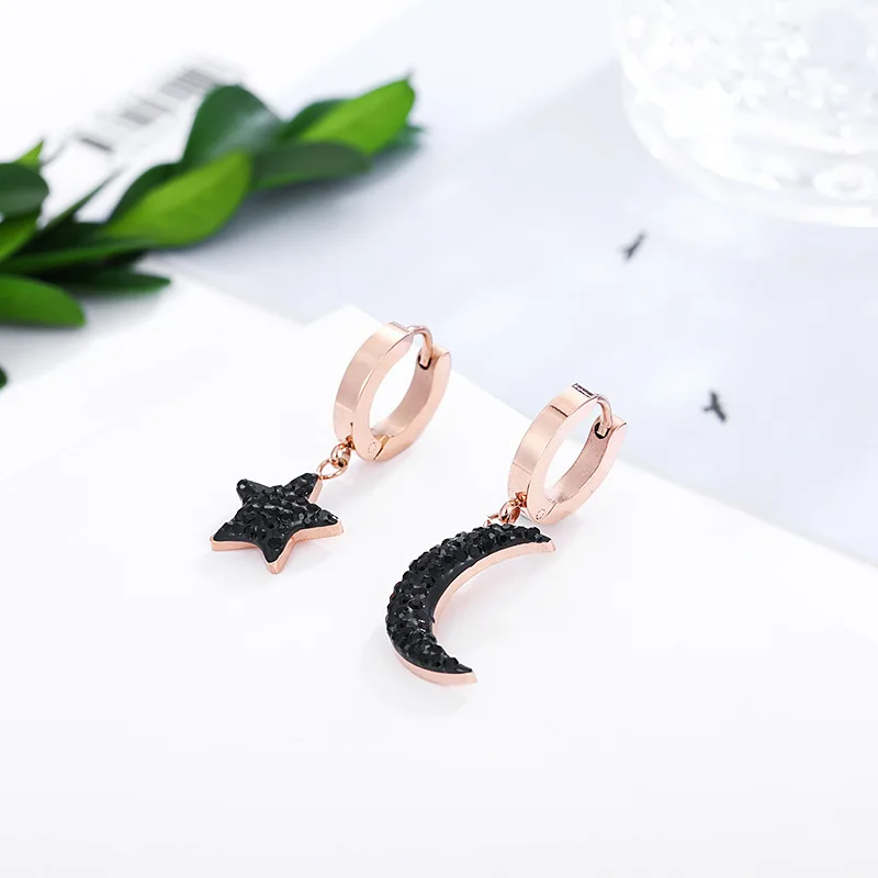 The Stars of Moon Stud Earrings Titanium Stainless Steel Inlaid Zircon Rose Gold Fashion Trendy Women Jewelry Gift | Украшения и