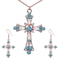 3pcs statement necklace for women crystal cross pendant necklaces earrings sets choker jesus flower christian religion jewelry