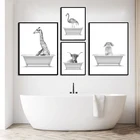 Настенные картины в ванную комнату, забавные животные, корова, жираф, фламинго, кролик, черный, белый холст, постер, Скандинавская живопись, принты, Настенный декор