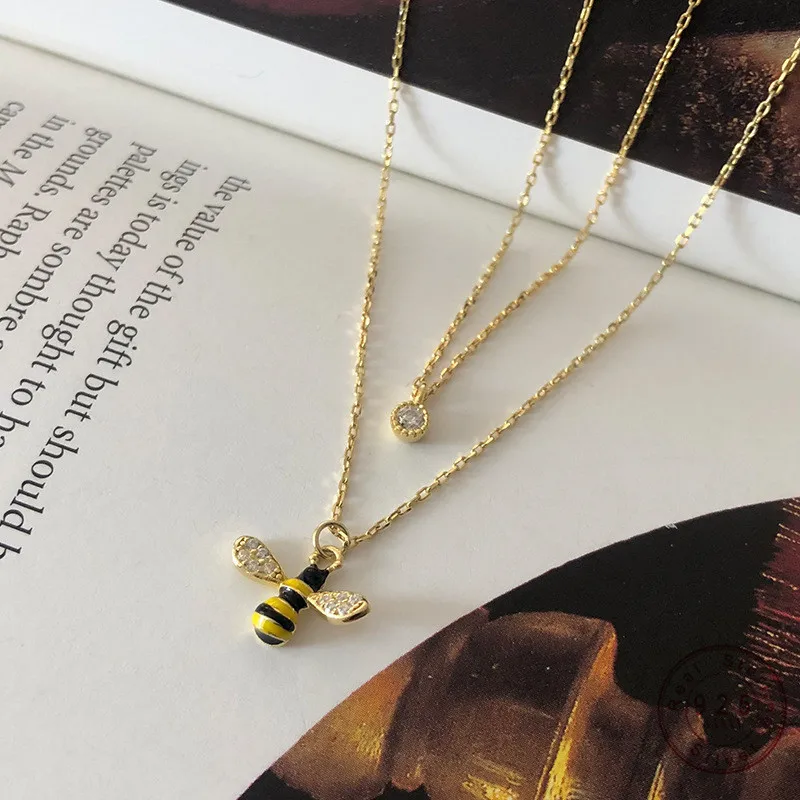 

925 Sterling Silver Simple Gold Cartoon Little Bee Crystal Pendant Double Necklace Women Light Luxury Birthday Party Jewelry