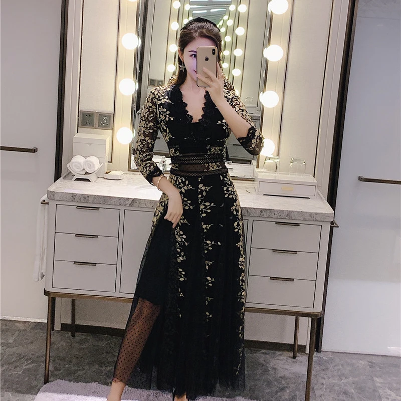 Женское платье макси с высокой талией элегантное праздничное длинным рукавом и