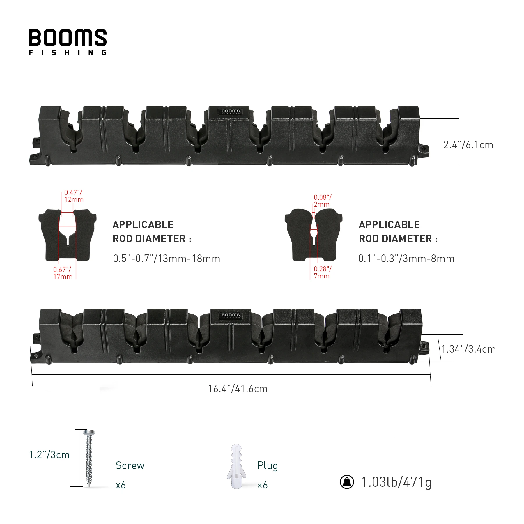 Booms Fishing WV1 Horizontal 6-Rod Rack Fishing Pole Holder Rod Holders Wall Mount Modular for Garage Fishing Rods Storage Tool