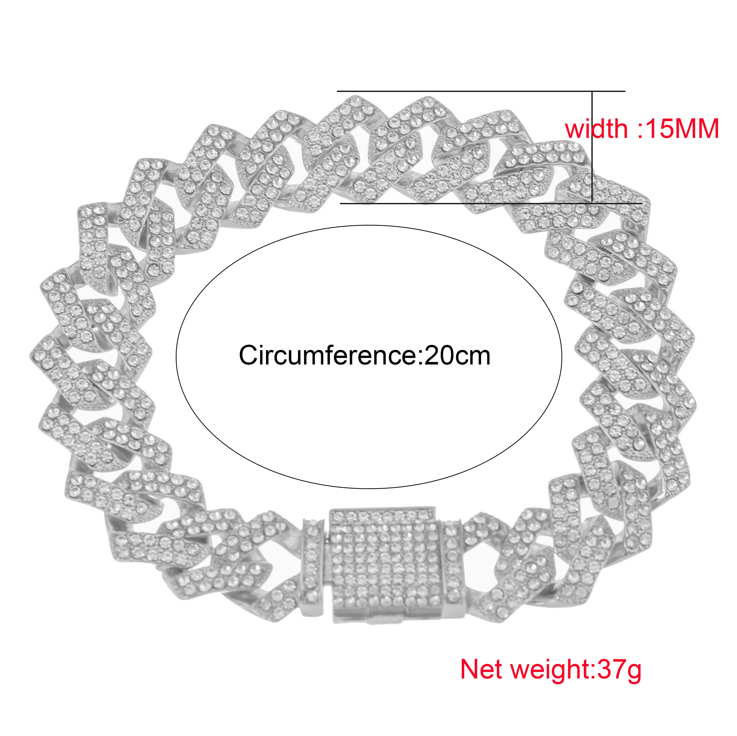 

Cuban Thick Link Chain Bracelet Punk Luxury Crystal Bracelets for Women Men Jewelry Gold Color Rhinestone Bangles Bling 15MM