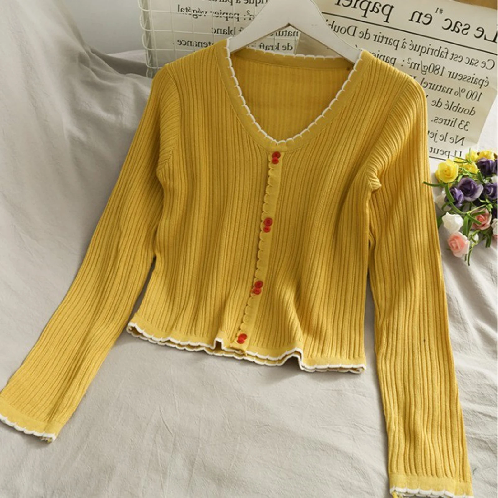 

tops Women Blouses Autumn Long Sleeve V Neck Single-breasted Blouse Ribbed Slim Knitwear ropa de mujer 2020