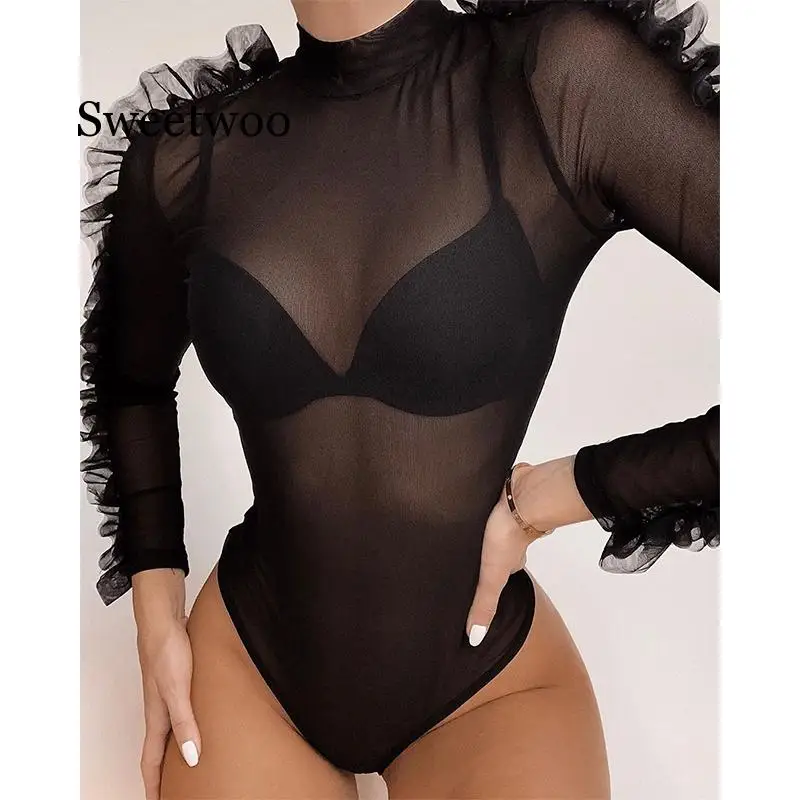 Прозрачные бикини 2020 Mujer черный 1 шт. купальник женский с оборками женские летние