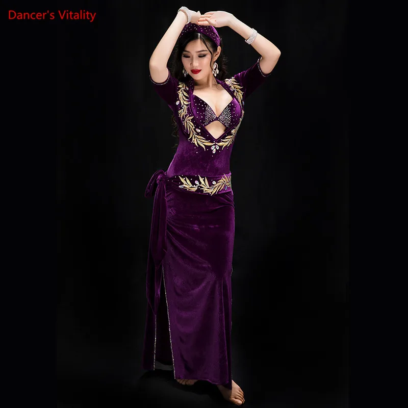 

Women Performance Belly Dancing Show in Costume Bra+Underpants+robe+Headdress+belt 5PCS velvet Dance Cothing Belly dance Dress