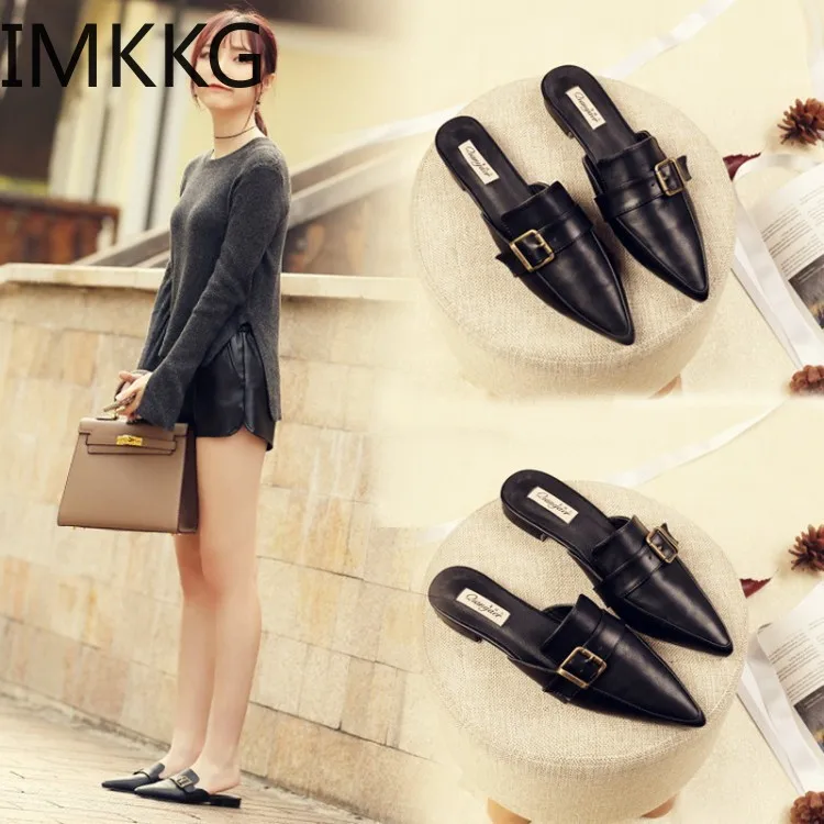 Женские мюли из ПУ кожи шлепанцы на плоской подошве заостренный носок без