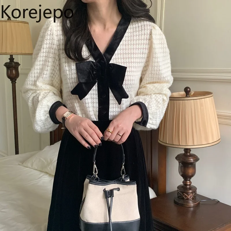 

Korejepo Women Blouse 2021 Autumn New French Sweet Color Contrast Bowknot Puff Sleeve Top Velvet High-waisted Thin A-line Skirt