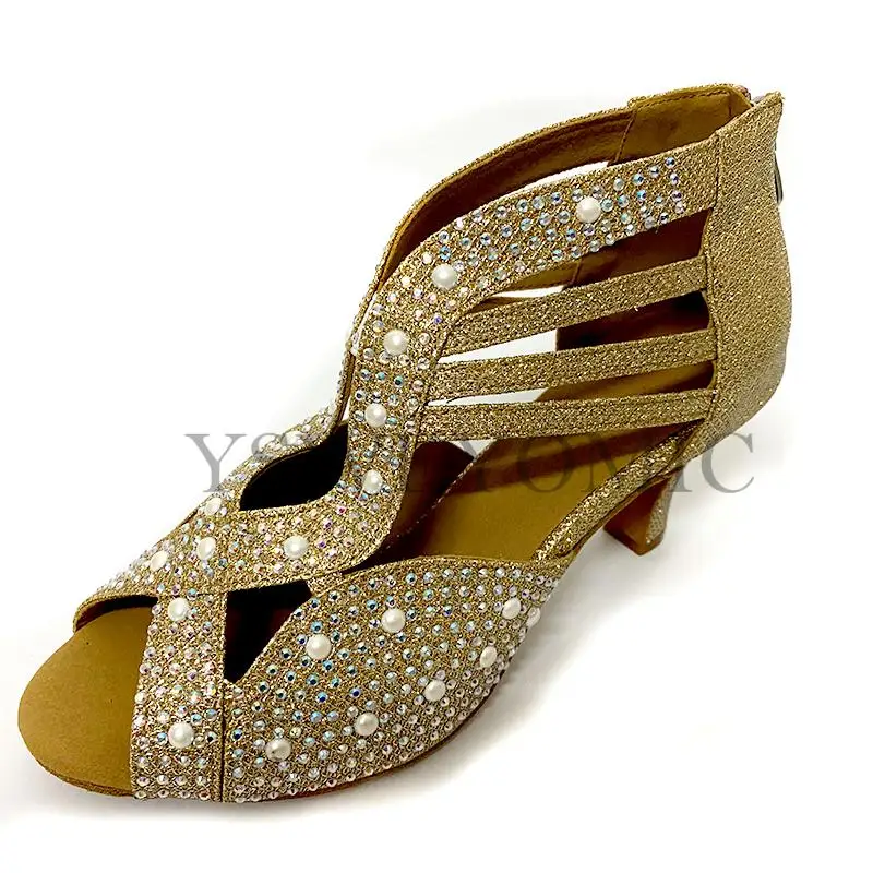 2021 Gold Women Dance Shoes Salsa Rhinestones Shoes Social Party Shoes for Female Samba Latin Dance Shoes Low Heel 6cm 2inch