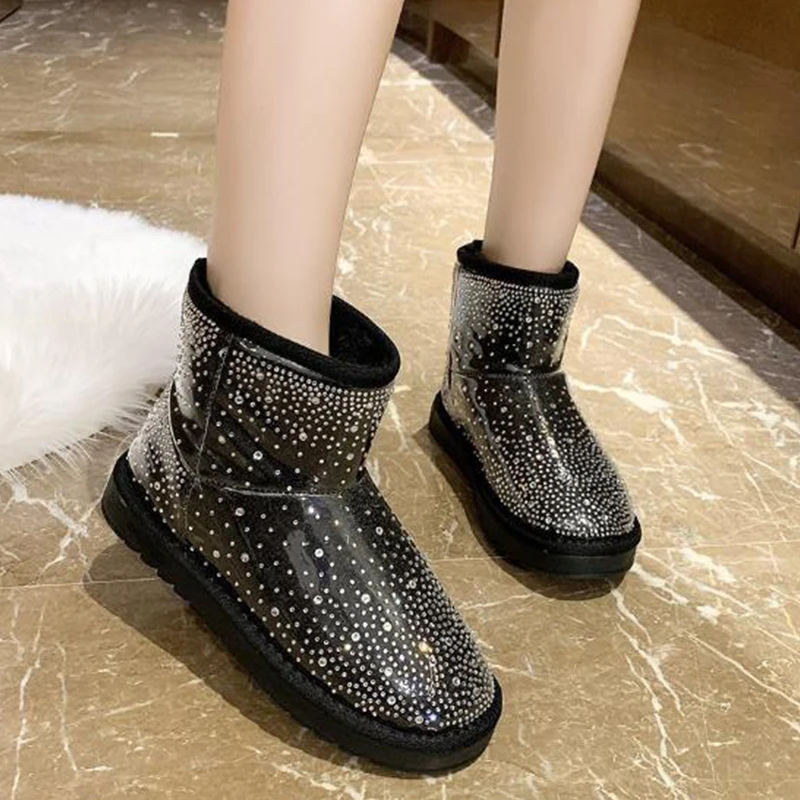 

Explosion Sequin Ladies Cotton Shoe New Low Heel Short Tube Thickened Flat Boot Winter Ankle Women's Shoes Furry Warm Snow Boots