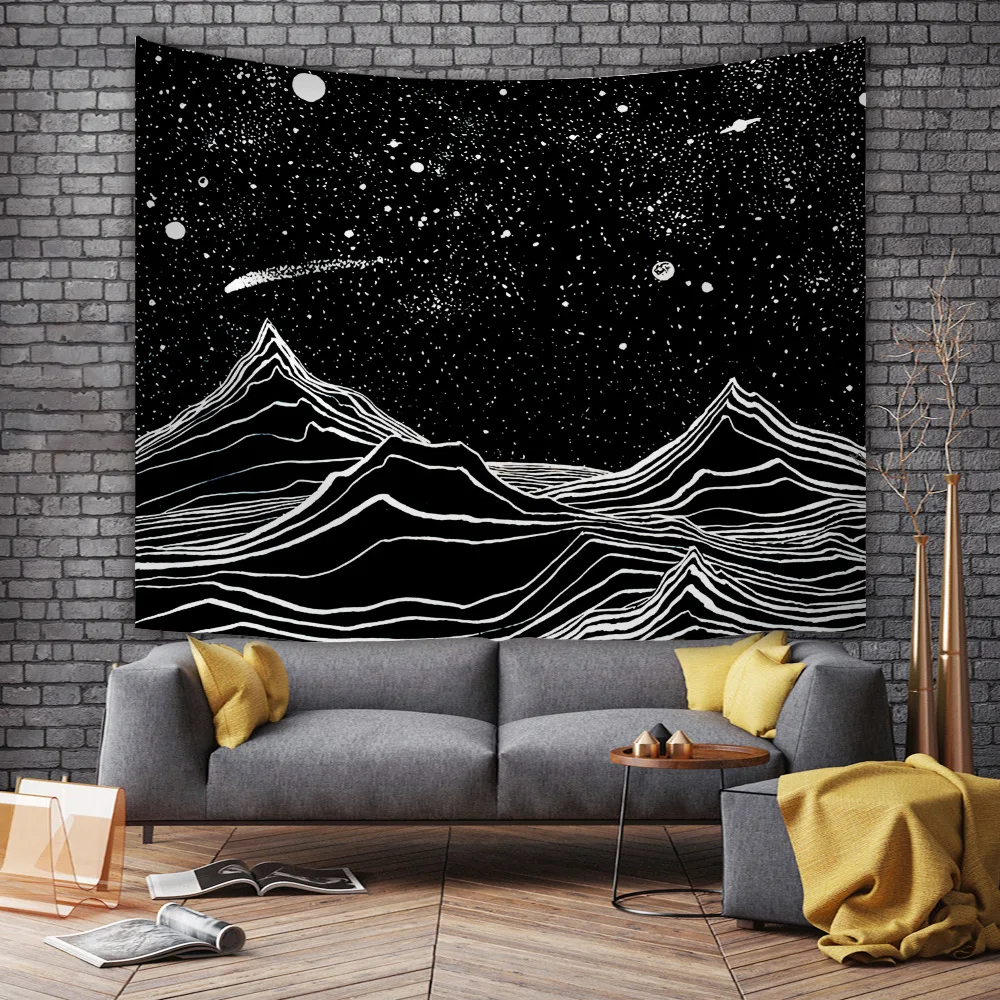 

Hot-selling Simple Black and White Line Landscape Personality Hanging Cloth Boys Black Tapestry Beach Towel Tapestry Home Decor